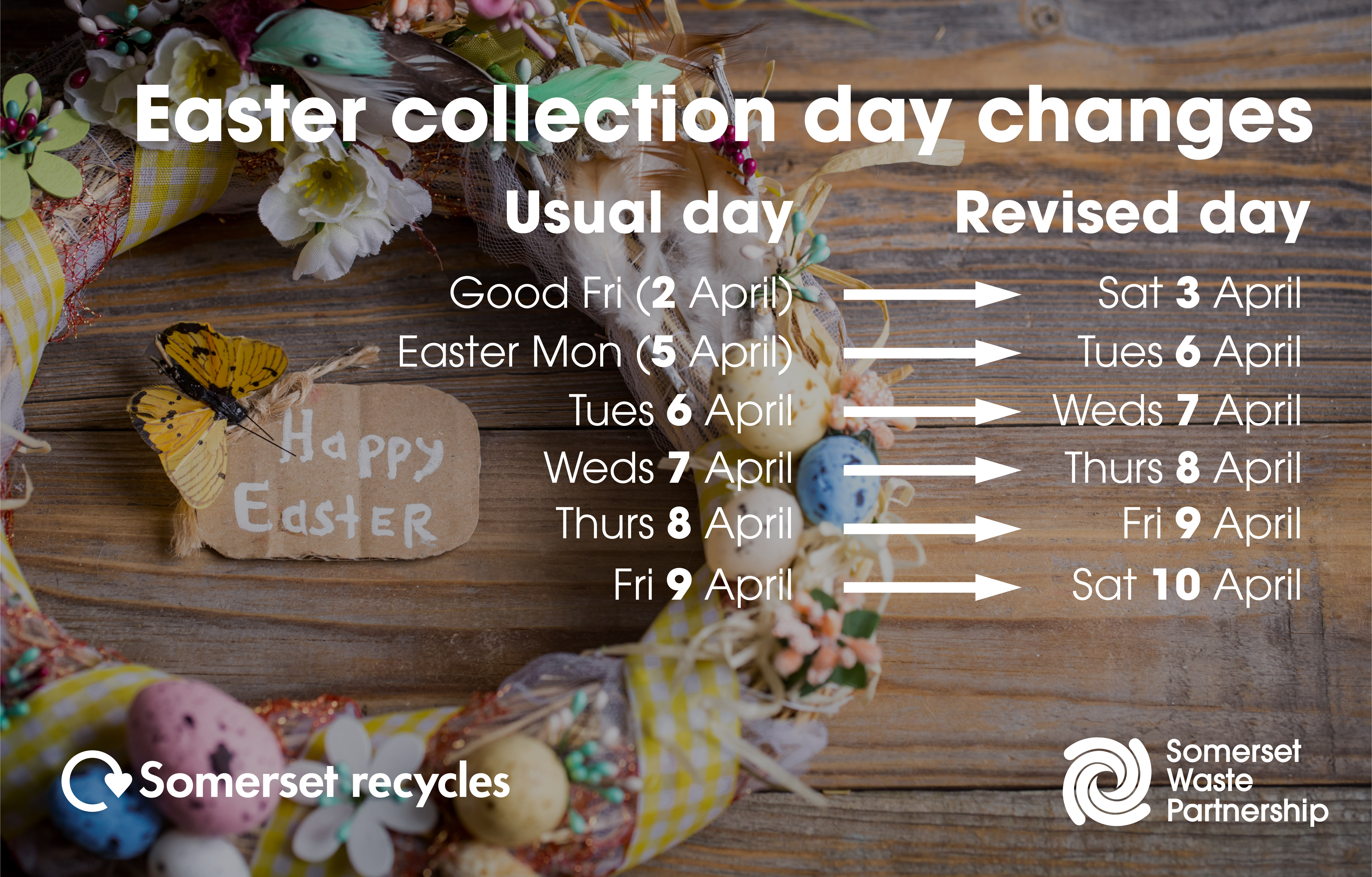 Easter collection day changes. Collections will be one day late.