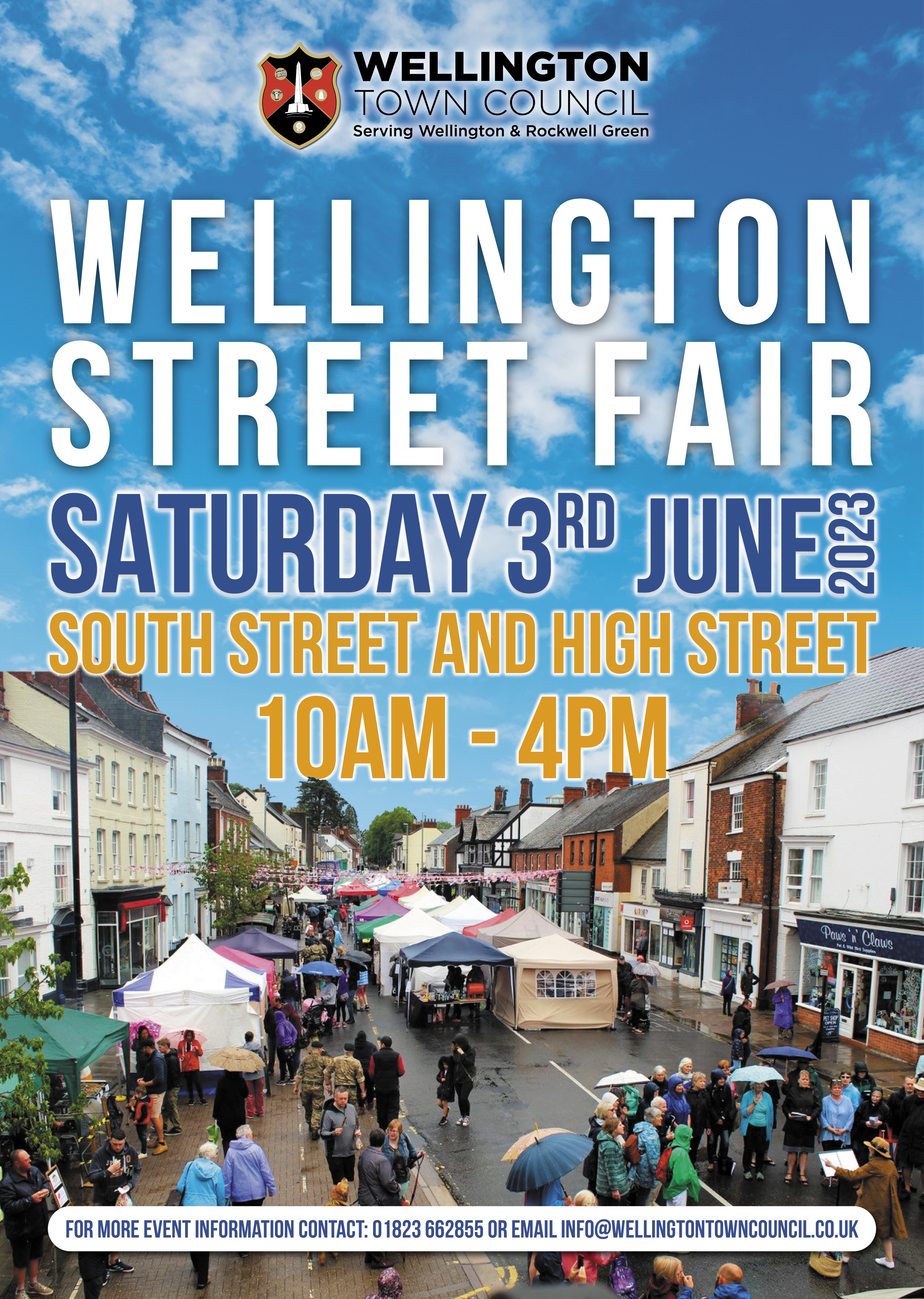 Wellington Street Fair Saturday 3rd June 2023. South street and High Street. 10am-4pm. For more info contact 01823662855 or info@wellingtontowncouncil.co.uk