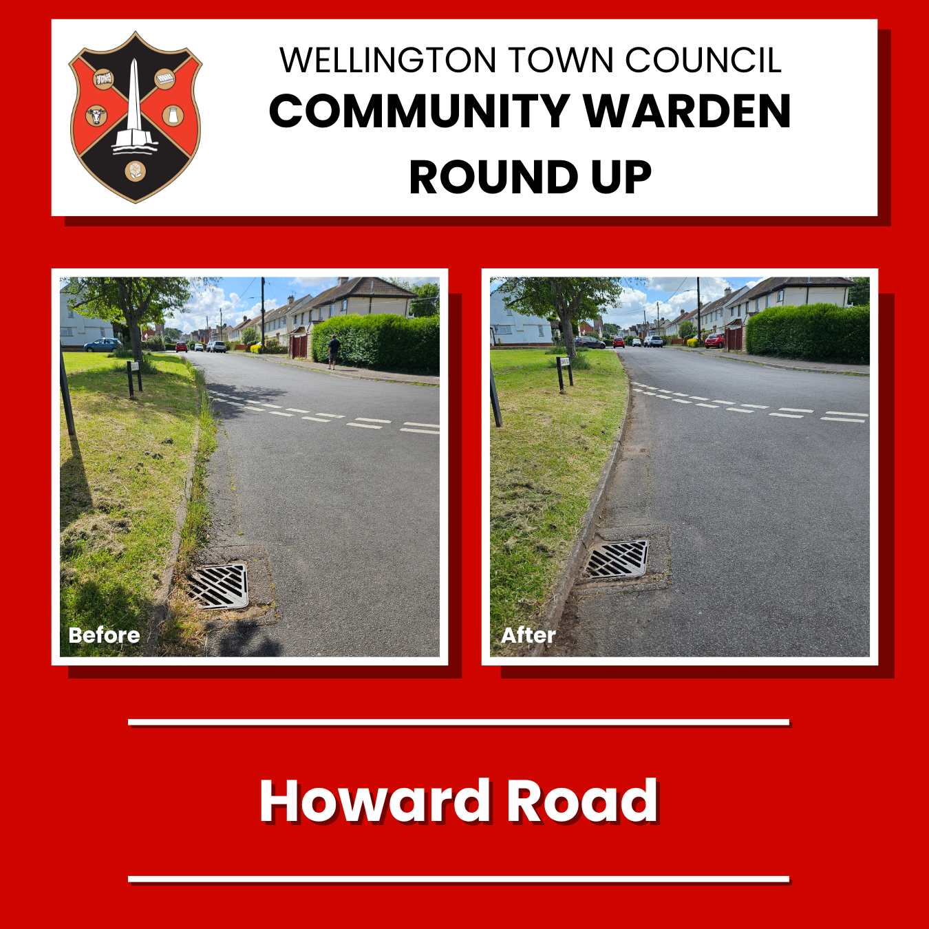 A before and after image with the "before" side showing grass growing from the side of the road and around a drain. The "after" image shows the area completely cleared.