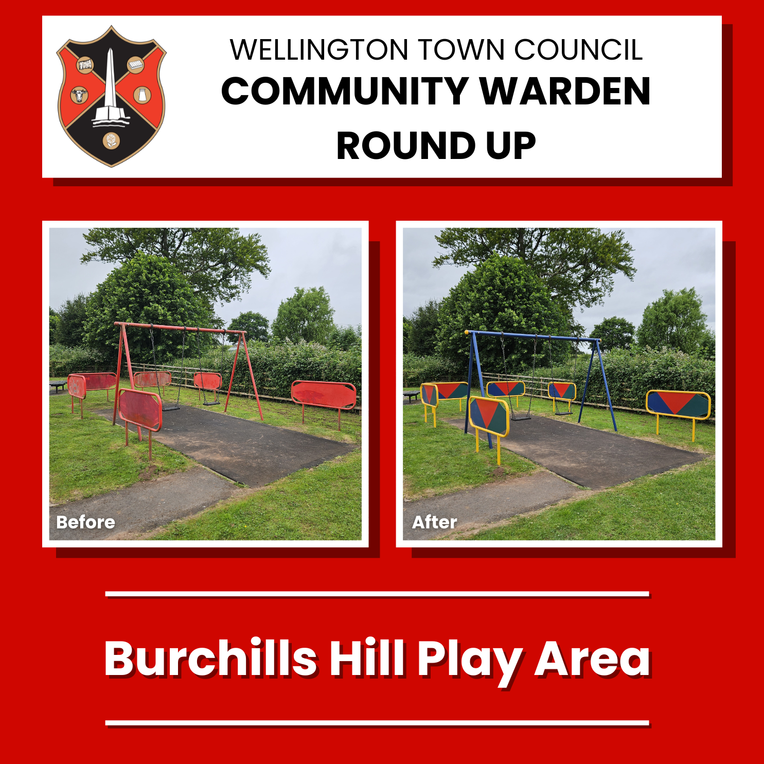 A before and after image of a play area. The before image shows flaking paint and rust. The after image shows a swing set painting in vibrant primary colours.