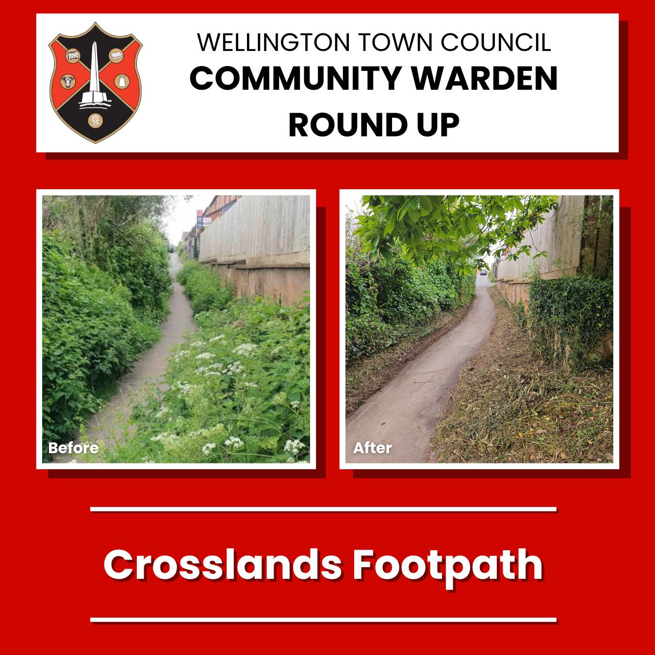 A before and after image showing an overgrown footpath on the "before" side and a freshly cut path on the "after" side.