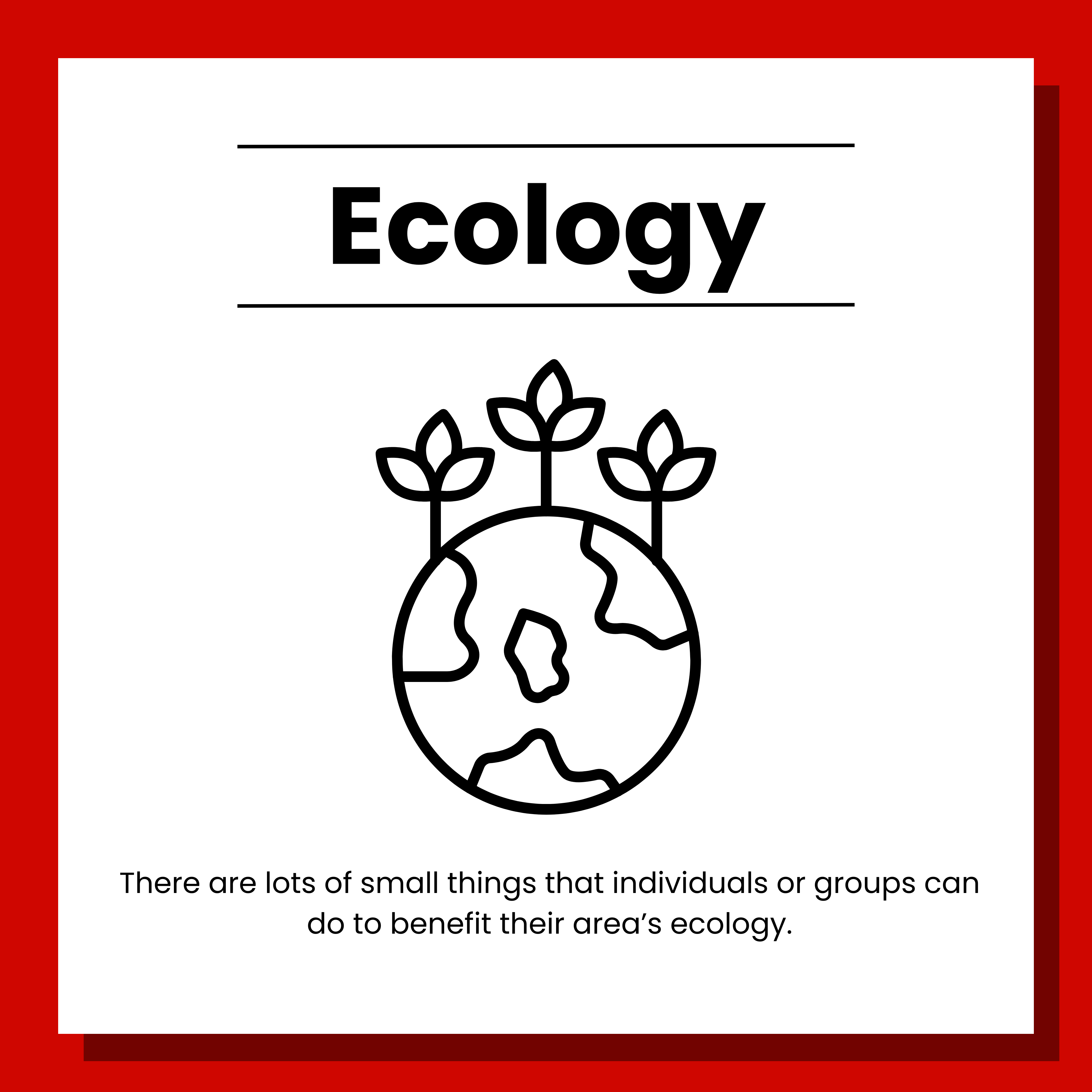 2 Ecology. There are lots of small things that individuals or groups can do to benefit their area's ecology. Click to view.