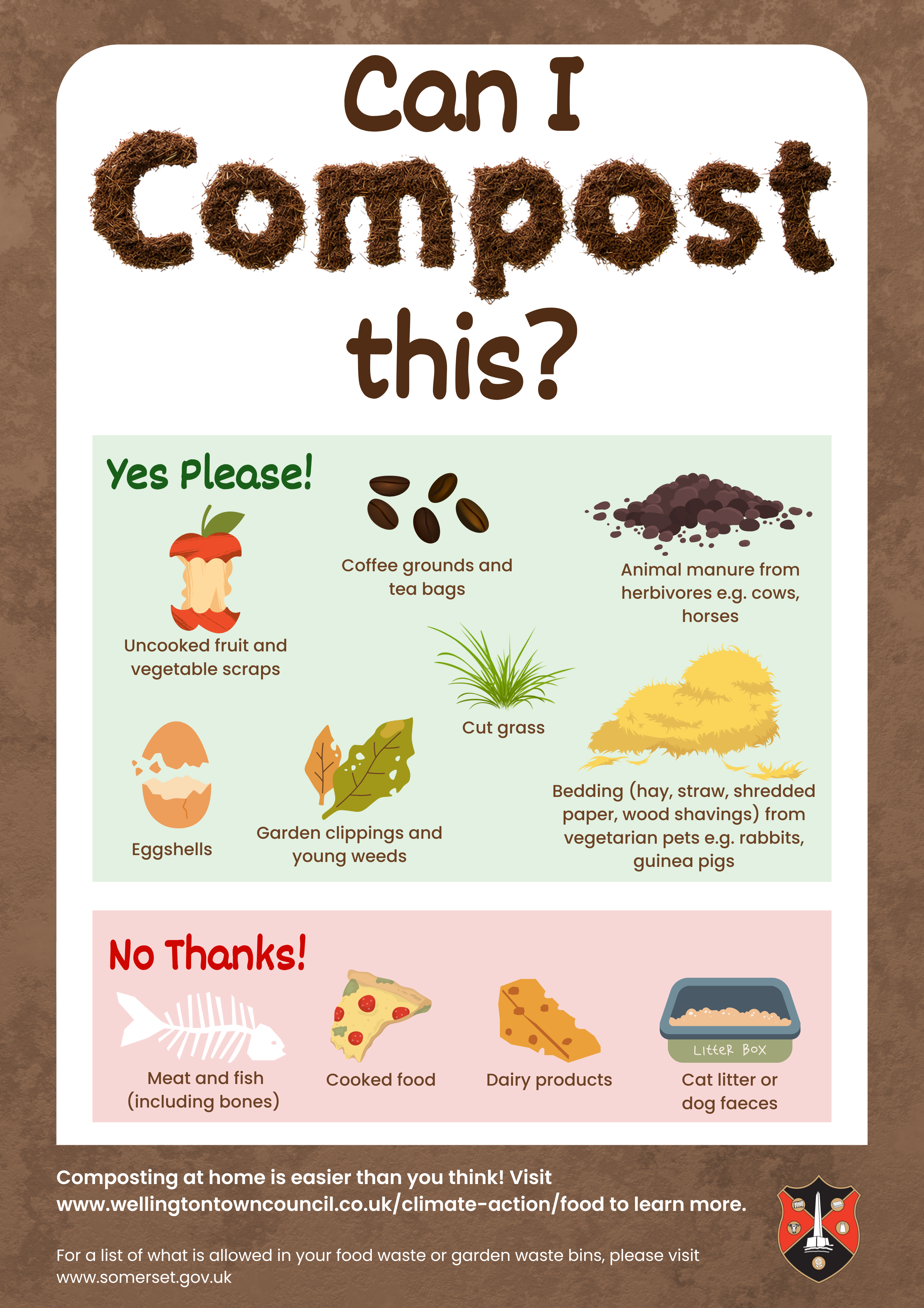 Can I compost this? Yes Please: uncooked fruit and vegetable scraps, coffee grounds and tea bags, animal manure from herbivores e.g. cows, horses, eggshells, garden clippings and young weeds, cut grass, bedding from vegetarian pets e.g. rabbits, guinea pigs. No thanks: meat and fish (including bones), cooked food, dairy products, cat litter or dog faeces.