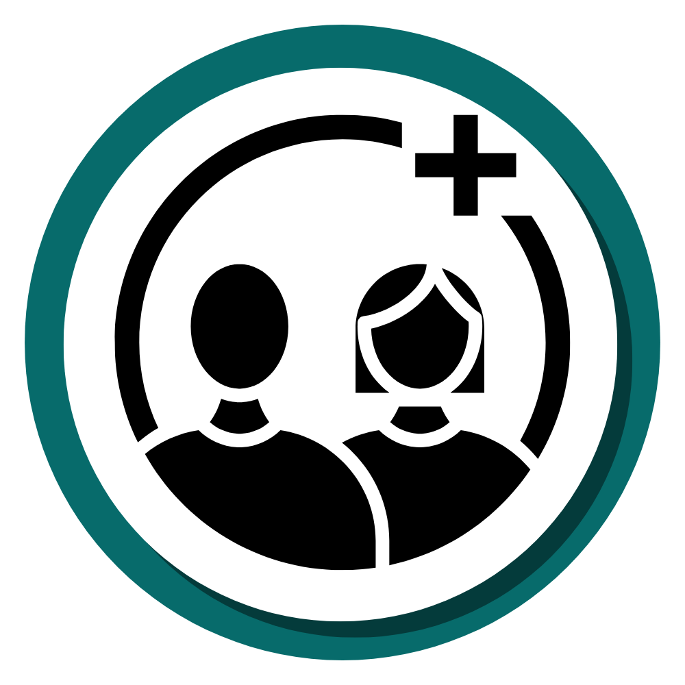 2 An icon of two adults encircled with a plus sign.