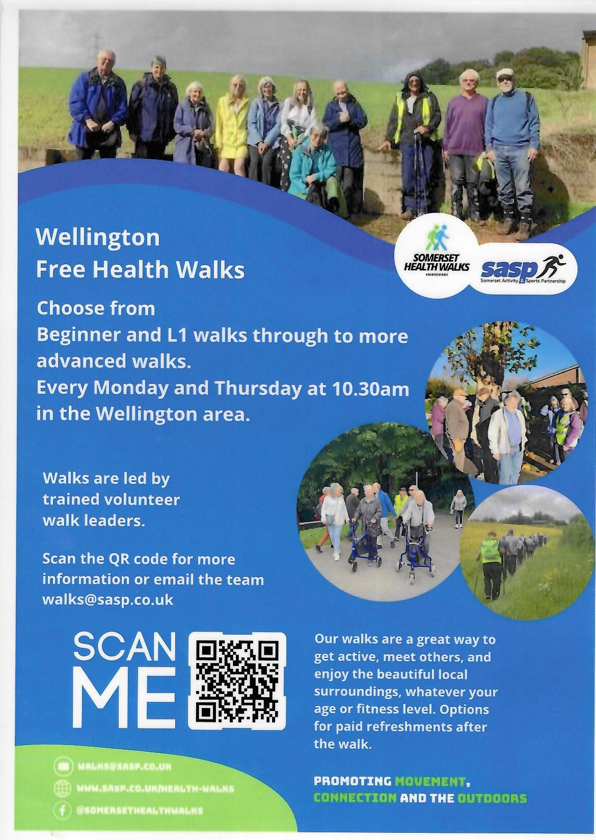 Wellington Free Health Walks. Choose from Beginner and L1 walks through to more advanced walks. Every Monday and Thursday at 10:30am in the Wellington area. Walks are led by trained volunteer walk leaders. For more information. Email the team walks@sasp.co.uk. Our walks are a great to get active, meet others and enjoy the beautiful surroundings, whatever your age or fitness level. OPtions for paid refreshments after the walk. Promoting Movemenet, Connection, and the Outdoors. www.sasp.co.uk/health-walks