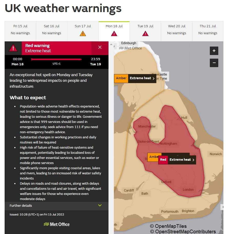 A map depicting red and amber heat warnings for the UK in July 2022.
