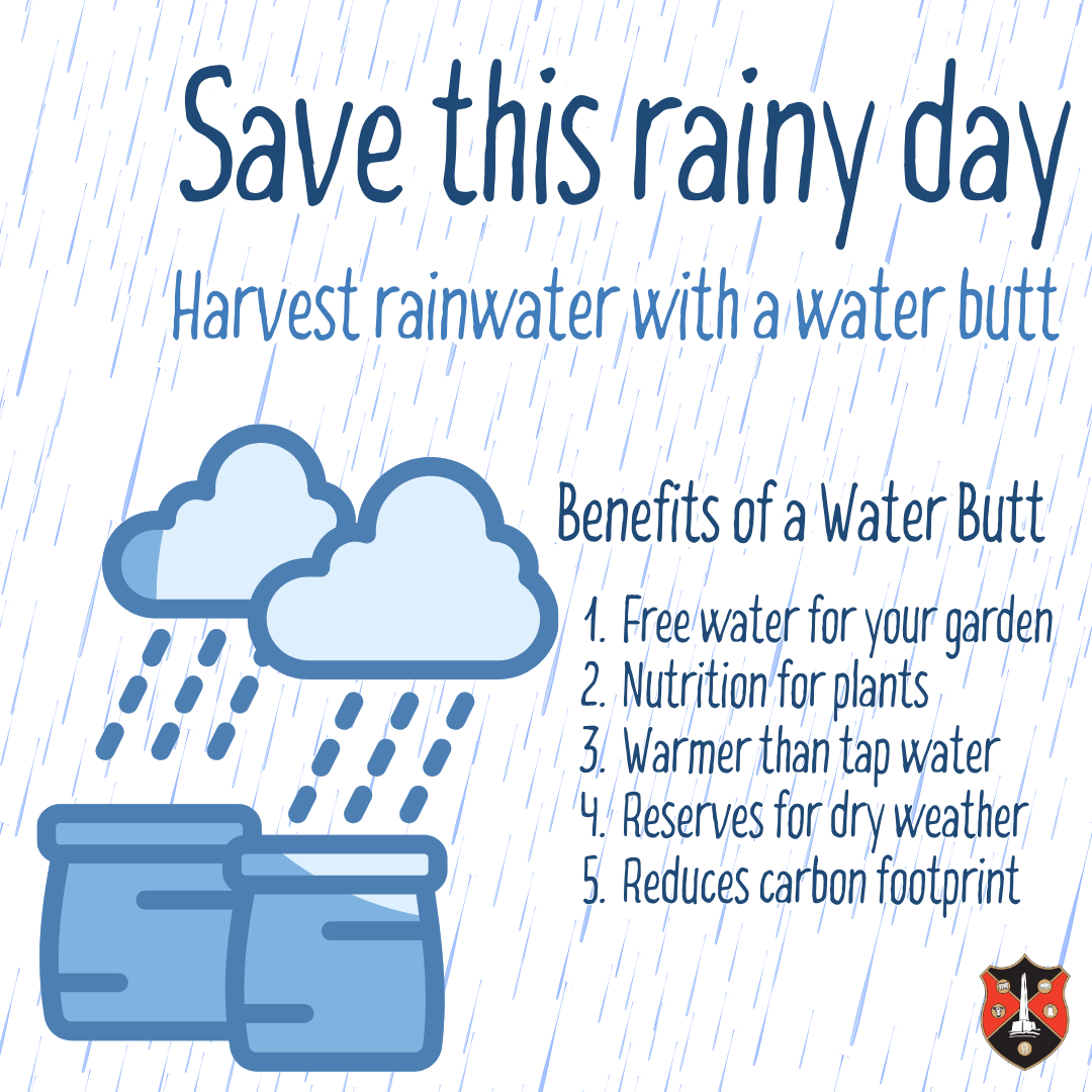 Save this rainy day. Harvest rainwater with a water butt. Benefits of a water butt: 1. Free water for your garden 2. nutrition for plants 3. Warmer than tap water 4. Reserves for dry weather 5. Reduces carbon footprint.