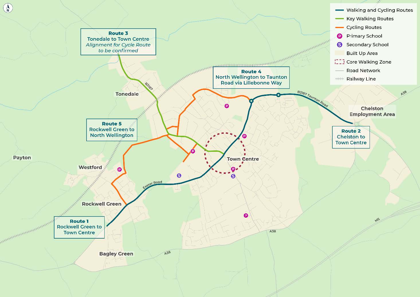 A map of Wellington with different coloured lines denoting different routes into the town centre.