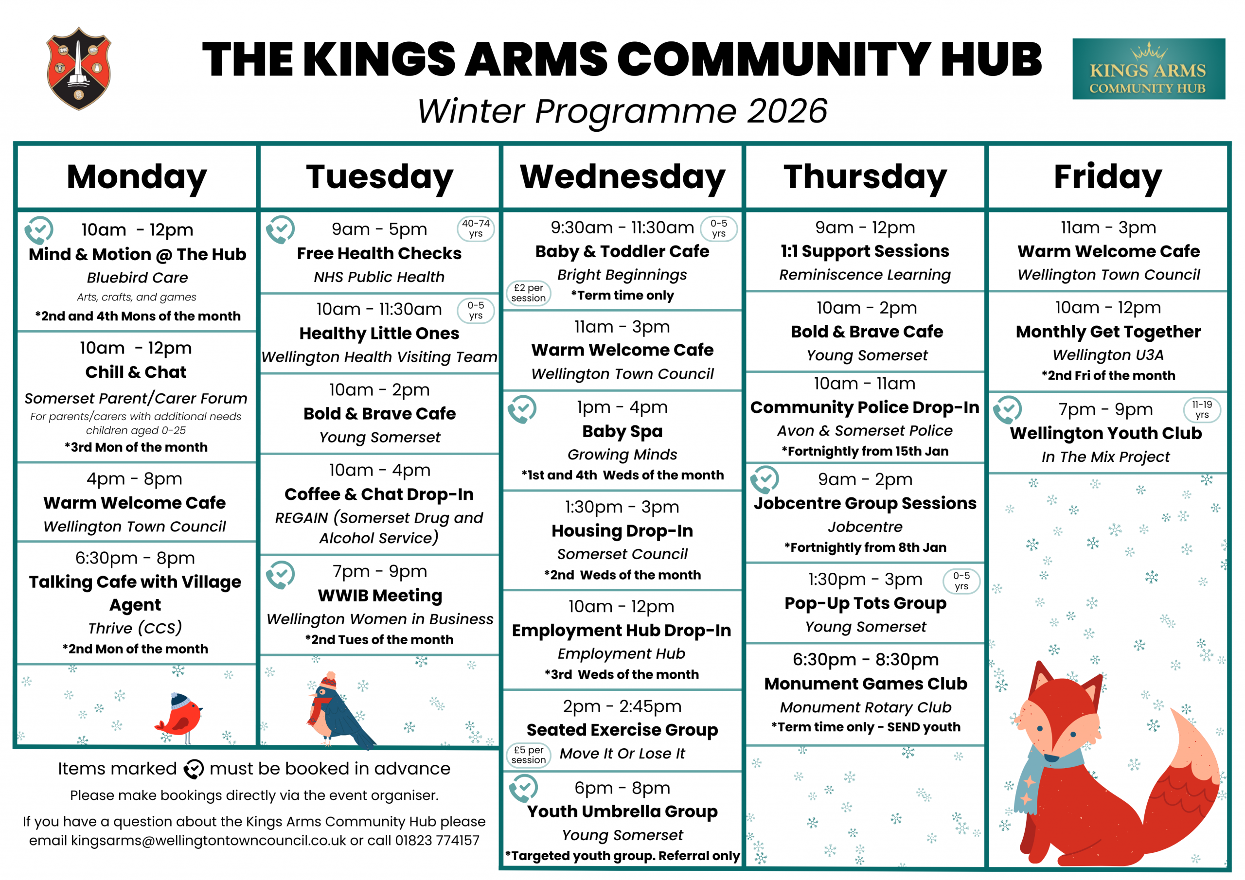 The Kings Arms Community Hub Winter Programme. Please contact us for more information.